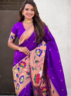 Purple woven self design pure silk paithani saree with blouse 2