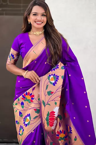 Purple woven self design pure silk paithani saree with blouse