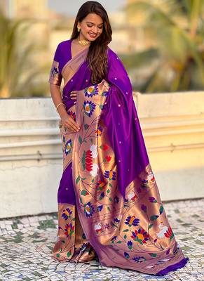 Purple woven self design pure silk paithani saree with blouse 3