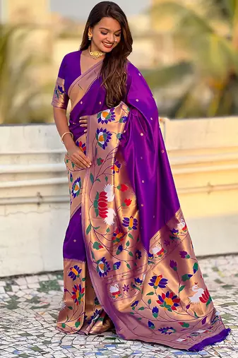 Purple woven self design pure silk paithani saree with blouse
