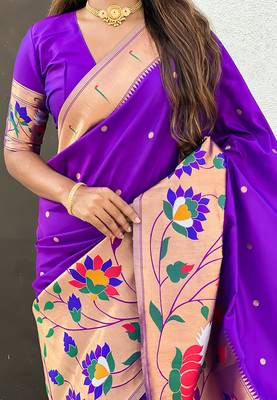 Purple woven self design pure silk paithani saree with blouse 4