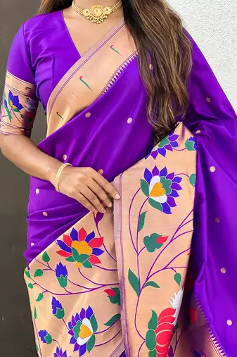 Purple woven self design pure silk paithani saree with blouse