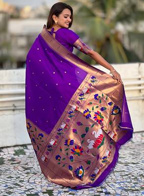 Purple woven self design pure silk paithani saree with blouse 5