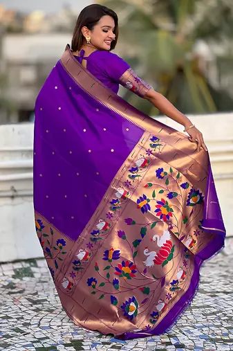 Purple woven self design pure silk paithani saree with blouse