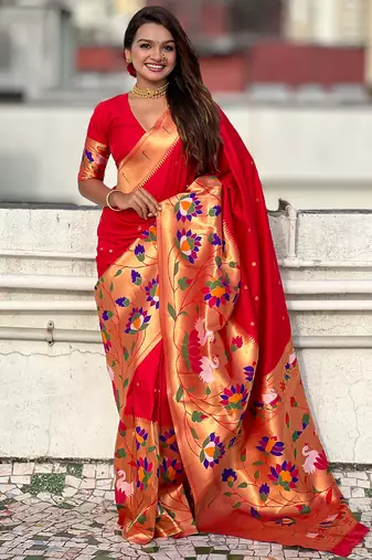 Red woven self design pure silk paithani saree with blouse