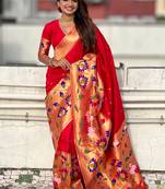 Red woven self design pure silk paithani saree with blouse