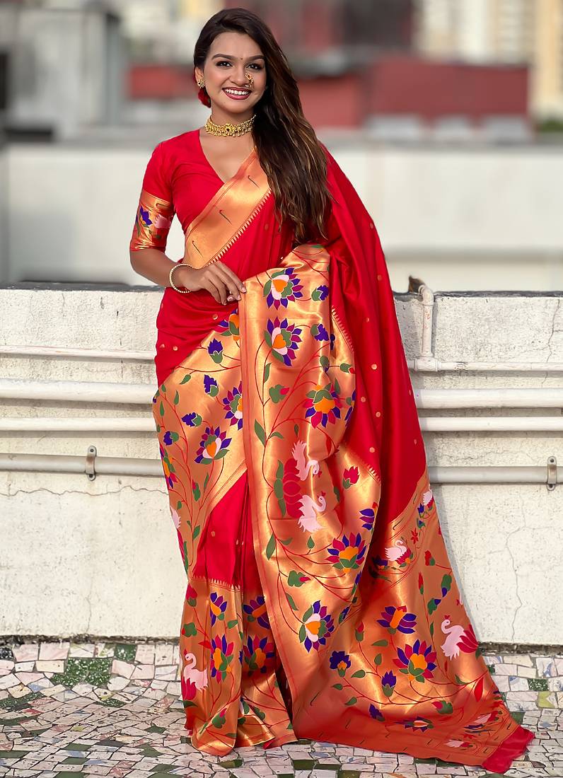 Red woven self design pure silk paithani saree with blouse
