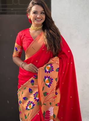 Red woven self design pure silk paithani saree with blouse 2