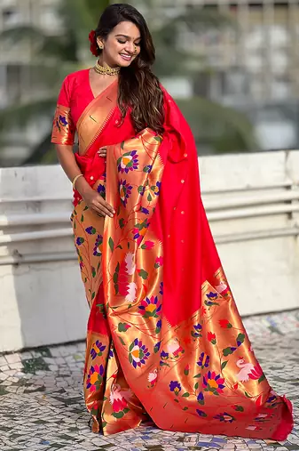 Red woven self design pure silk paithani saree with blouse