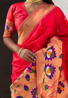 Red woven self design pure silk paithani saree with blouse 4