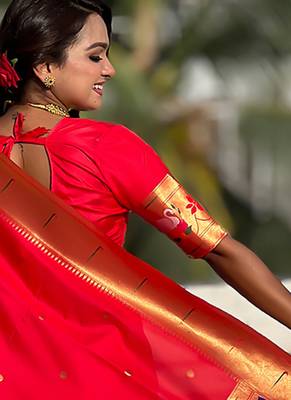 Red woven self design pure silk paithani saree with blouse 5