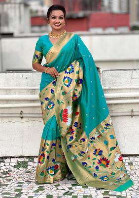 Sea green woven self design pure silk paithani saree with blouse 1