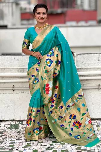 Sea green woven self design pure silk paithani saree with blouse