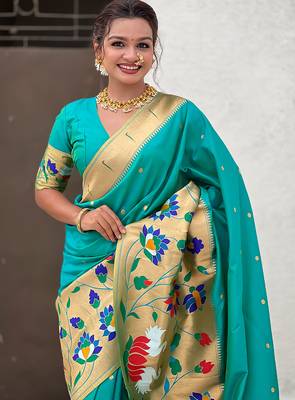 Sea green woven self design pure silk paithani saree with blouse 2