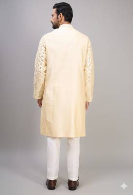 men’s yellow silk kurta pant set with intricate embroidery 4