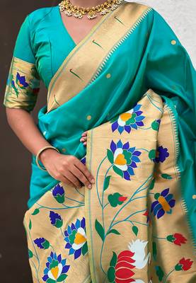 Sea green woven self design pure silk paithani saree with blouse 4