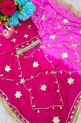Rani Pink Color gotta work Chiffon Saree