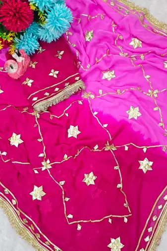 Rani Pink Color gotta work Chiffon Saree