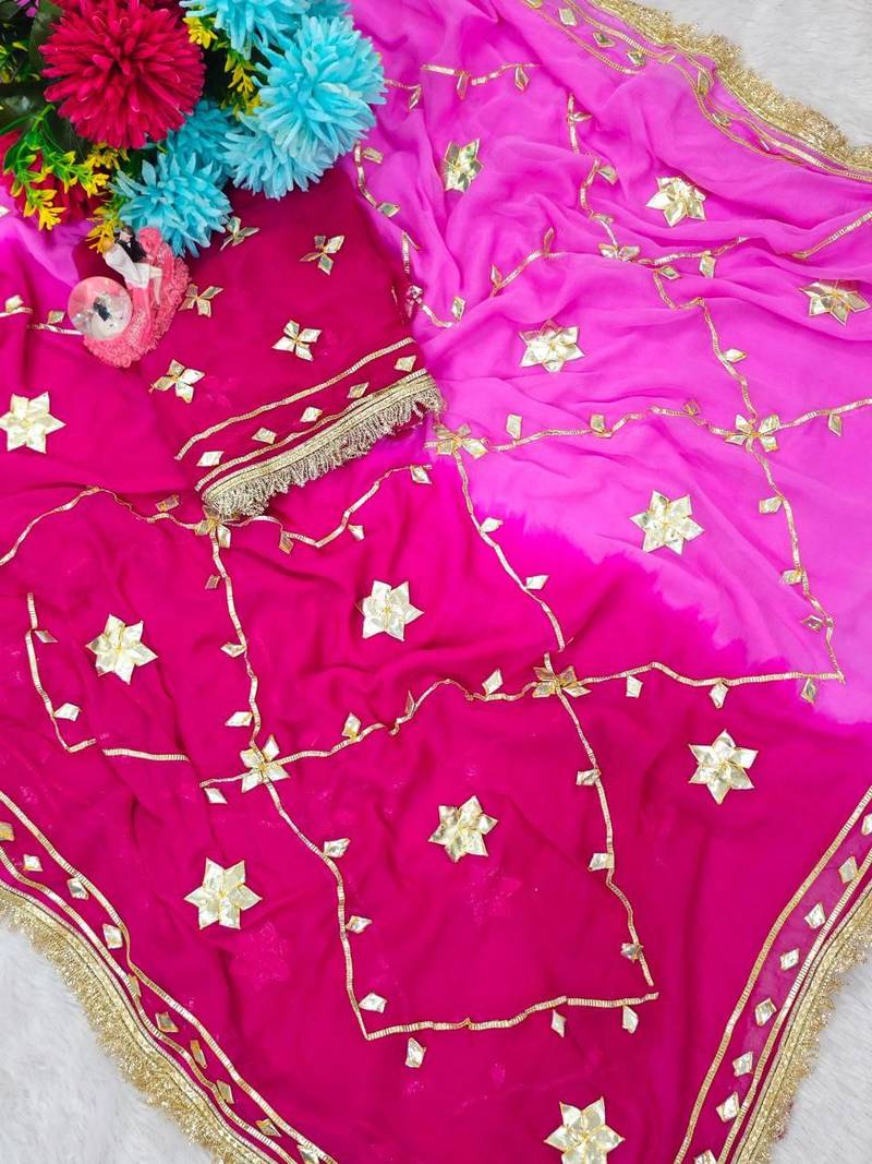 Rani Pink Color gotta work Chiffon Saree