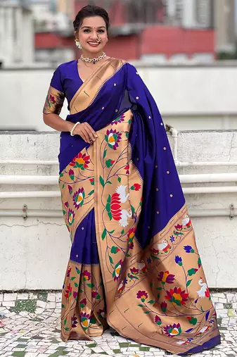 Violet woven self design pure silk paithani saree with blouse
