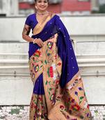 Violet woven self design pure silk paithani saree with blouse