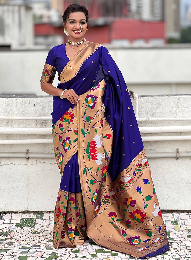 Violet woven self design pure silk paithani saree with blouse
