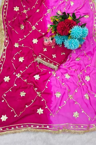 Rani Pink Color gotta work Chiffon Saree