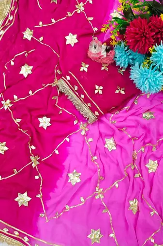 Rani Pink Color gotta work Chiffon Saree