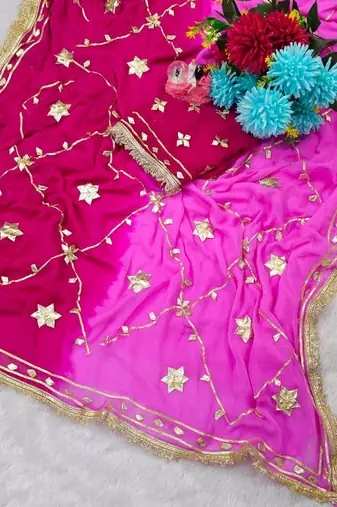 Rani Pink Color gotta work Chiffon Saree