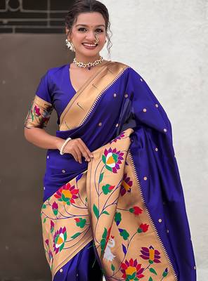 Violet woven self design pure silk paithani saree with blouse 2