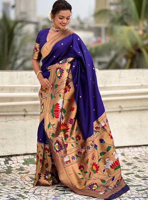 Violet woven self design pure silk paithani saree with blouse 3
