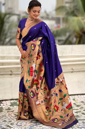 Violet woven self design pure silk paithani saree with blouse