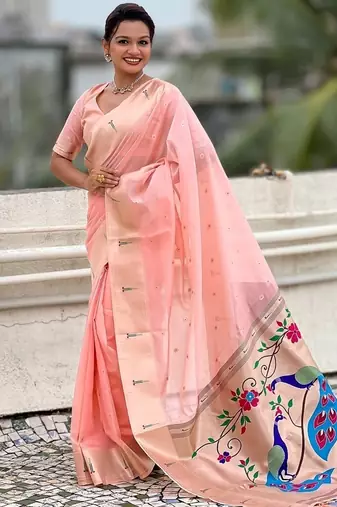 Baby pink woven self design organza paithani saree with blouse