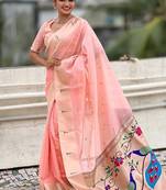 Baby pink woven self design organza paithani saree with blouse