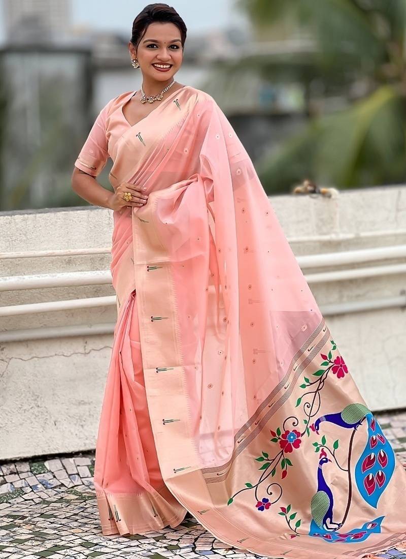 Baby pink woven self design organza paithani saree with blouse