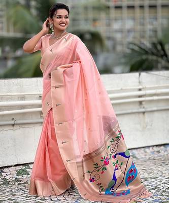 Baby pink woven self design organza paithani saree with blouse 3