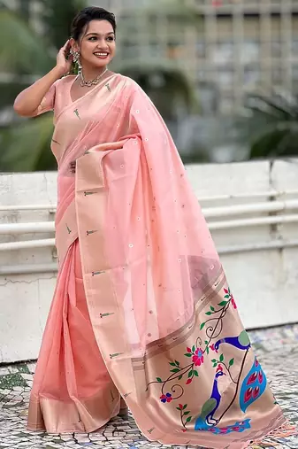 Baby pink woven self design organza paithani saree with blouse