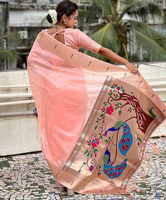 Baby pink woven self design organza paithani saree with blouse 5