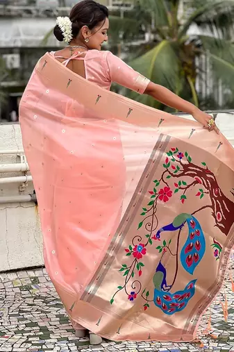 Baby pink woven self design organza paithani saree with blouse
