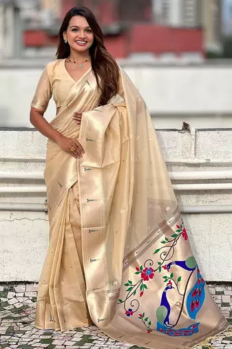 Beige woven self design organza paithani saree with blouse