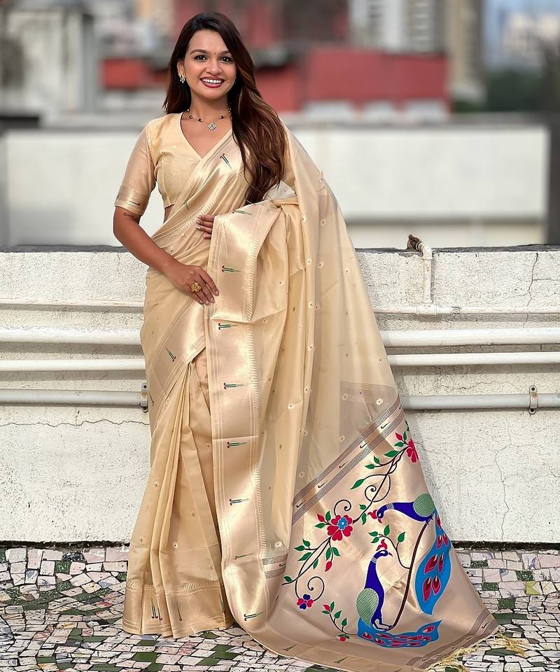Beige woven self design organza paithani saree with blouse