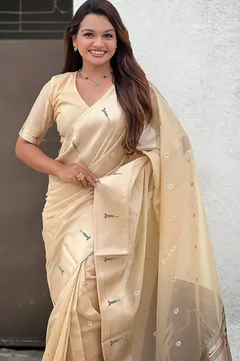 Beige woven self design organza paithani saree with blouse