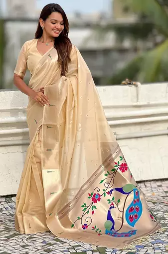 Beige woven self design organza paithani saree with blouse