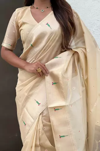 Beige woven self design organza paithani saree with blouse
