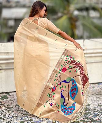 Beige woven self design organza paithani saree with blouse 5
