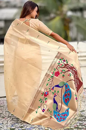 Beige woven self design organza paithani saree with blouse