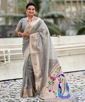 Grey woven self design organza paithani saree with blouse 1