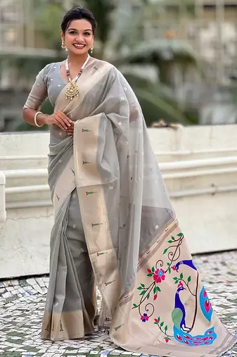 Grey woven self design organza paithani saree with blouse