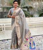 Grey woven self design organza paithani saree with blouse