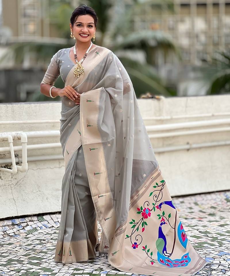 Grey woven self design organza paithani saree with blouse